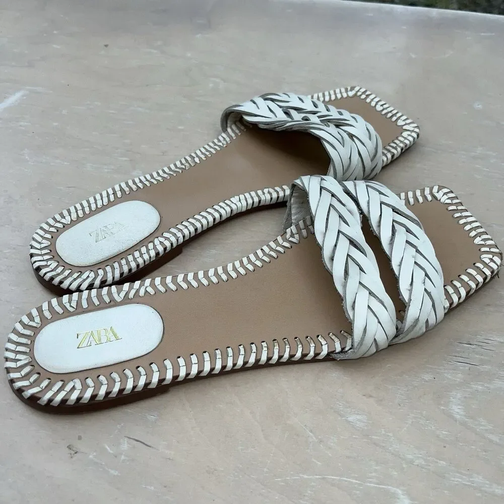 Zara Womens Leather Cow Leather Flat Braided/Woven Square Sandals Size 41 (10) - Picture 6 of 7